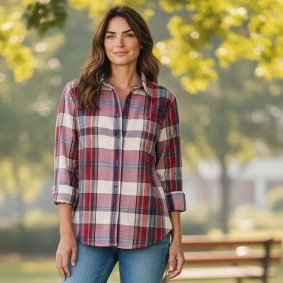 Eddie Bauer Tops - Eddie Bauer Red, Cream, Blue, Purple, Green Soft Woven Plaid Button Down Shirt